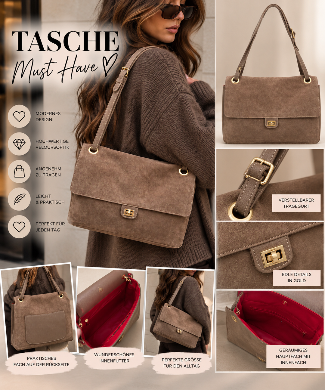 XL WILDLEDER UMHÄNGETASCHE - Taupe