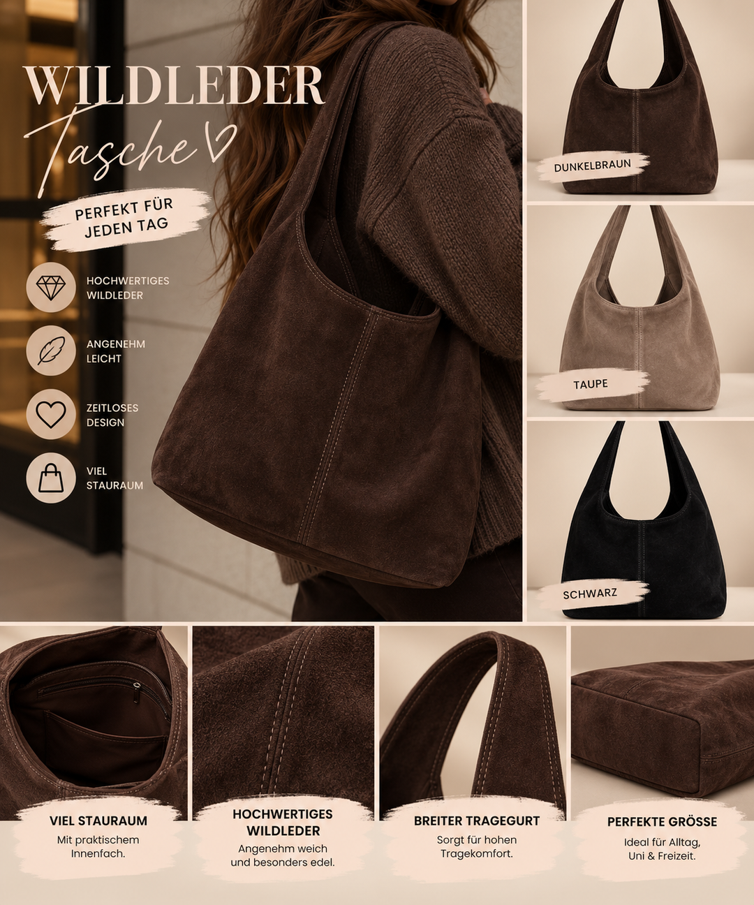 MIDI WILDLEDER BEUTEL TASCHE - Versch. Farben