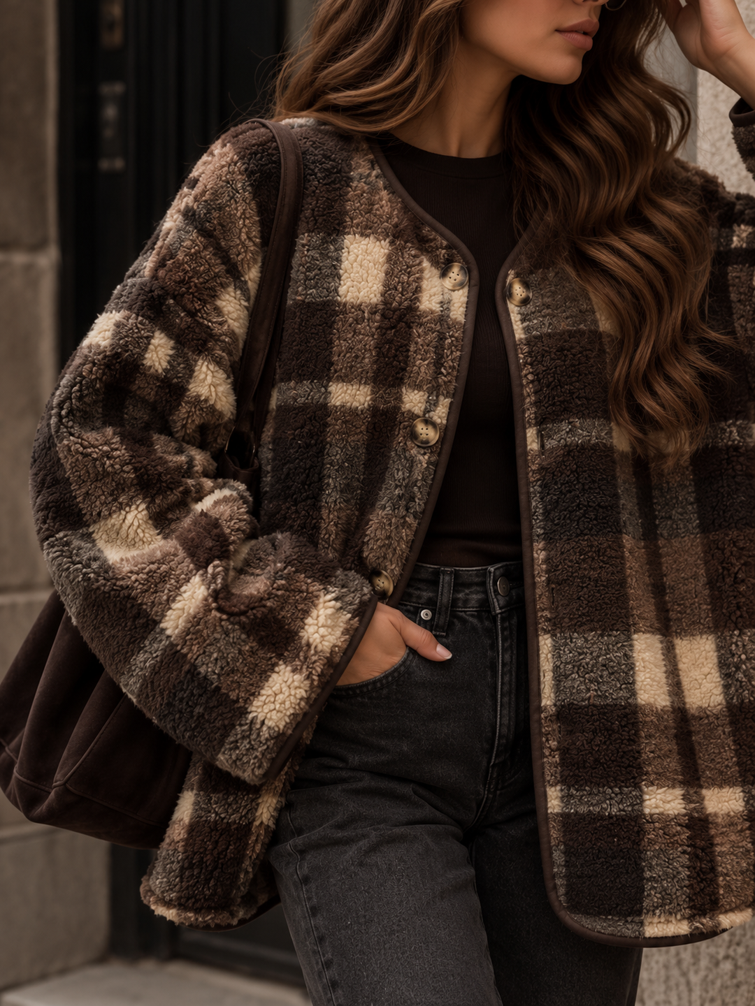 OVERSIZE TEDDY JACKE mit Karo Muster