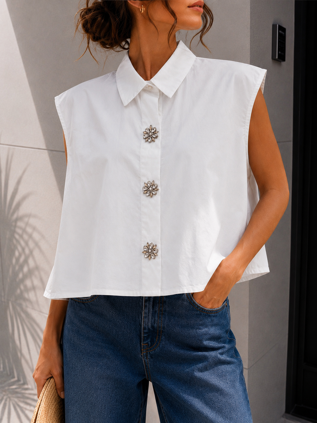 BLUSE mit Strass Blumen - weiß