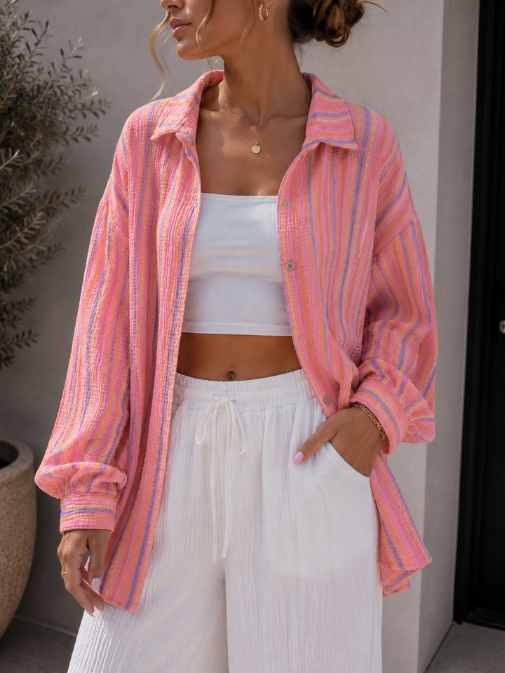 OVERSIZE CANDY STREIFEN MUSSELIN BLUSE - braun weiß
