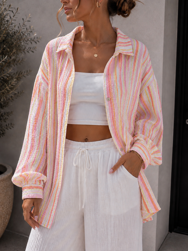 OVERSIZE CANDY STREIFEN MUSSELIN BLUSE - braun weiß