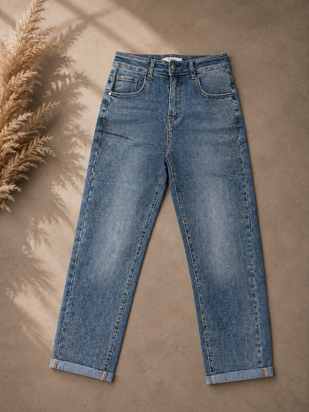 GLITZER MOM FIT JEANS - Blue