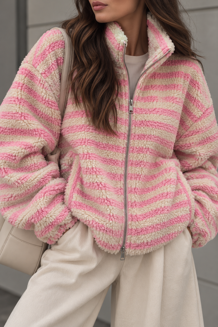 STREIFEN TEDDY JACKE mit Reißverschluss - versch. Farben