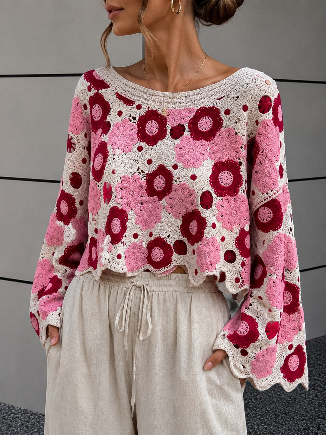 LOCKERER HÄKEL PULLOVER - pink
