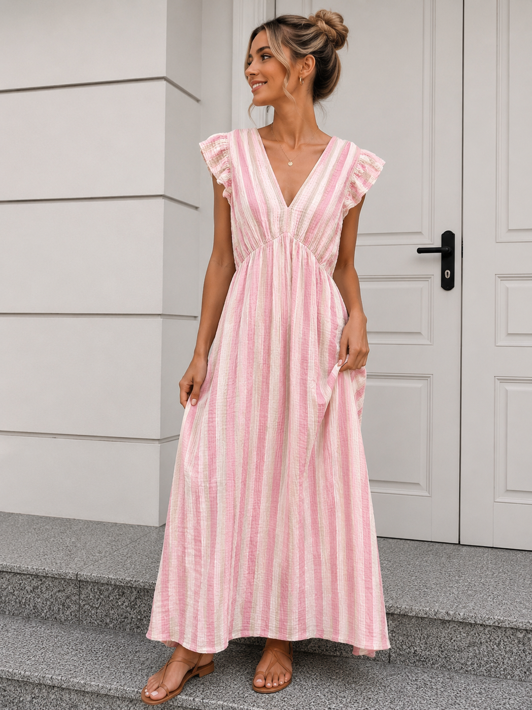 STREIFEN MUSSELIN KLEID NADIA - rosa beige