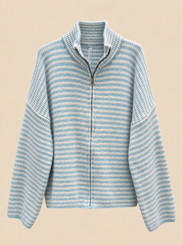 STREIFEN STRICKJACKE mit Reißverschluss - hellblau