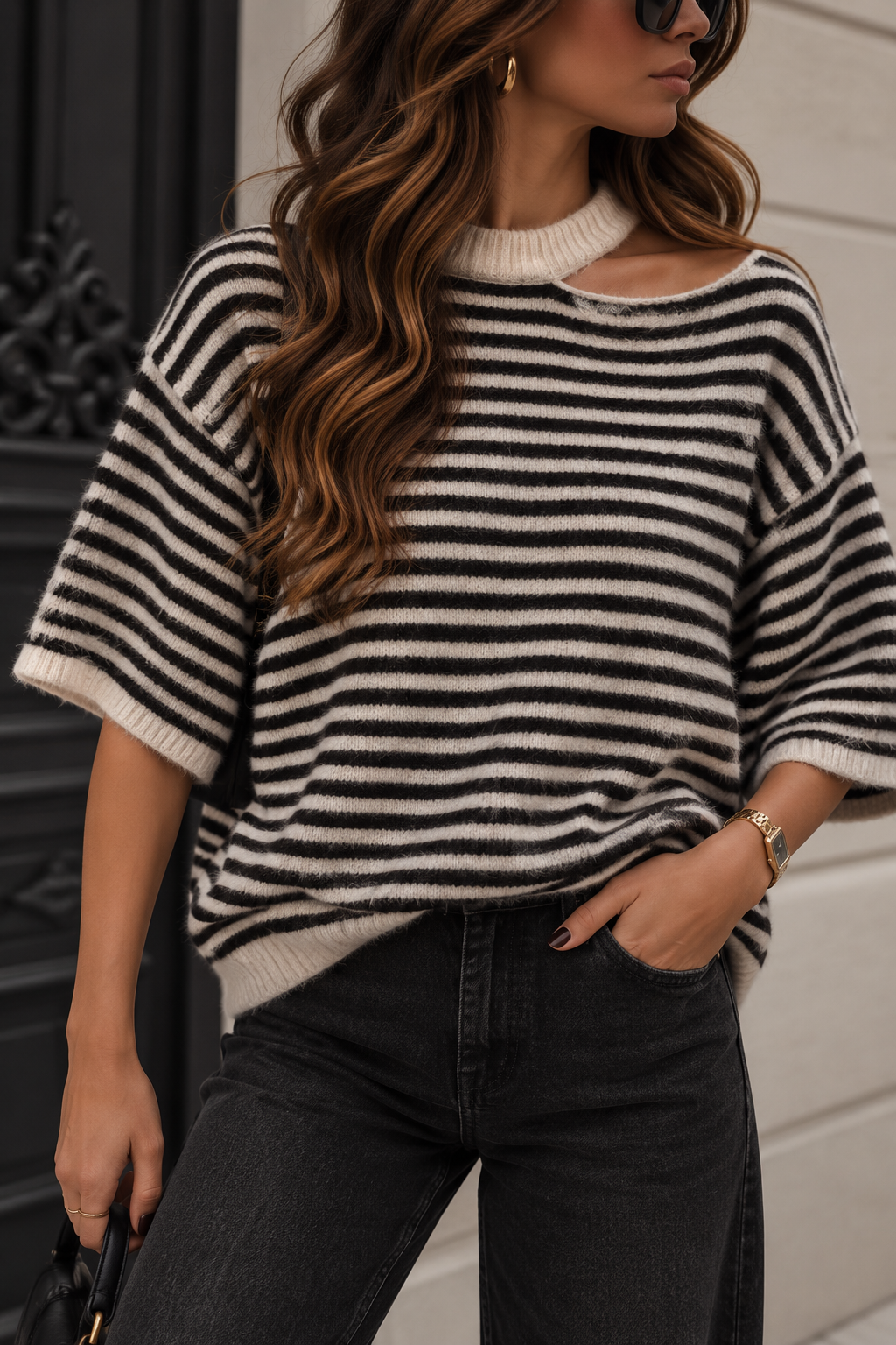 STREIFEN KURZARM PULLOVER mit Cut out - versch. Farben