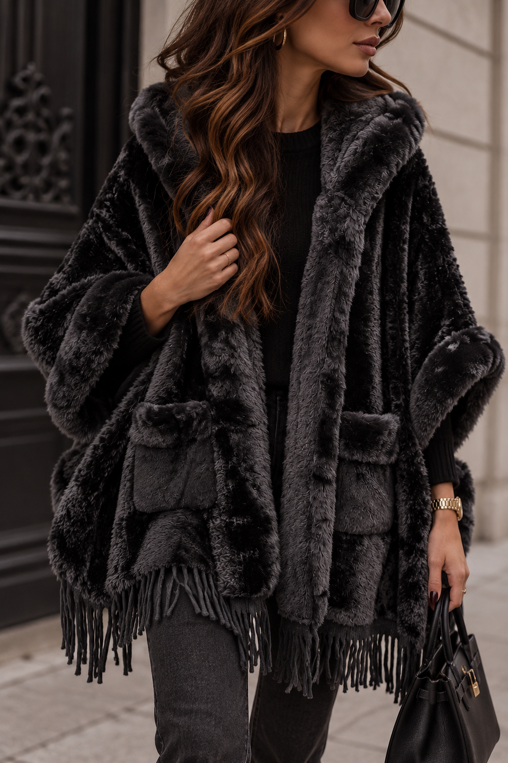 OVERSIZE KUNSTFELL PONCHO - versch. Farben