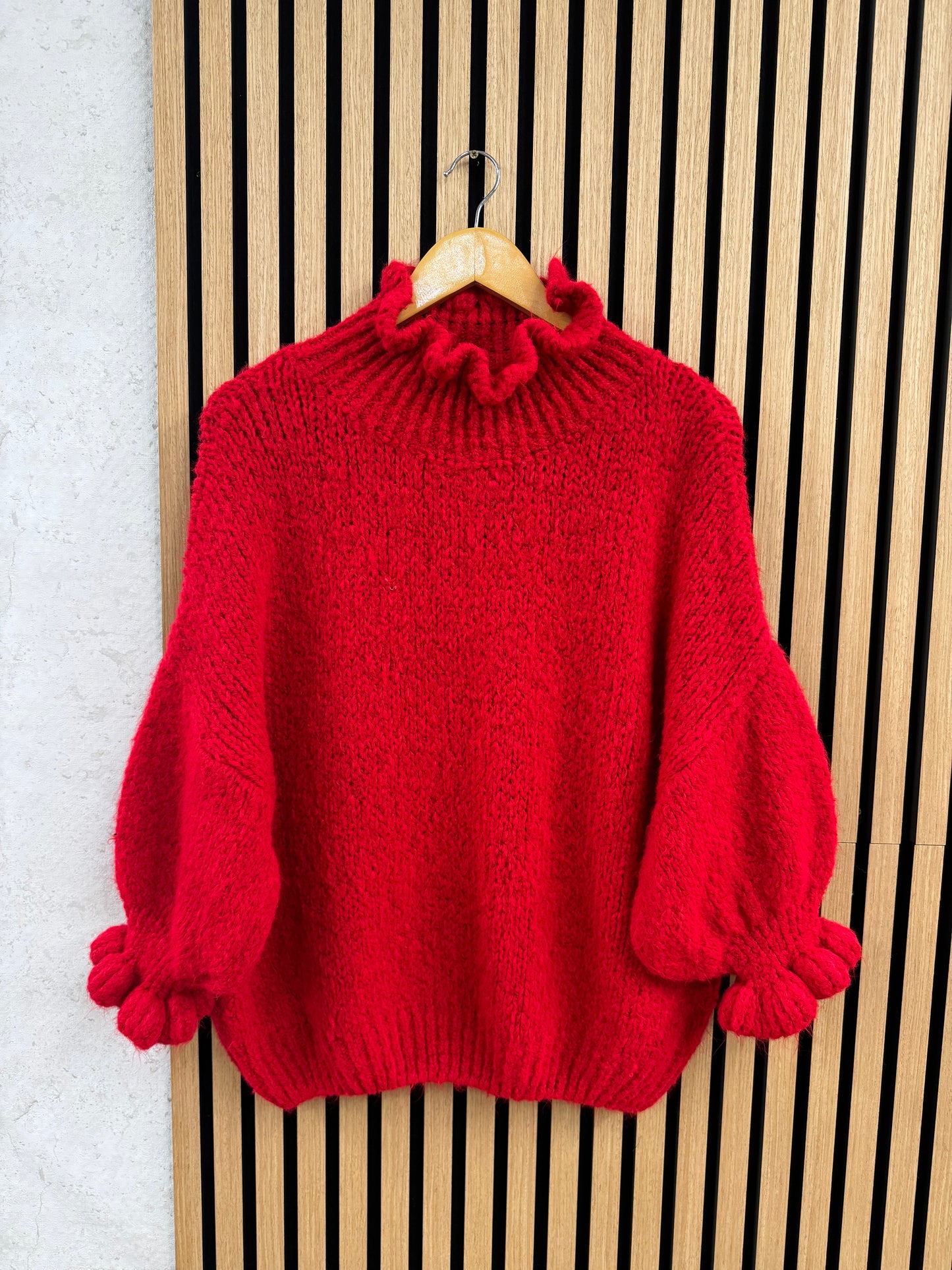 KURZARM RÜSCHEN STRICKPULLOVER - rot