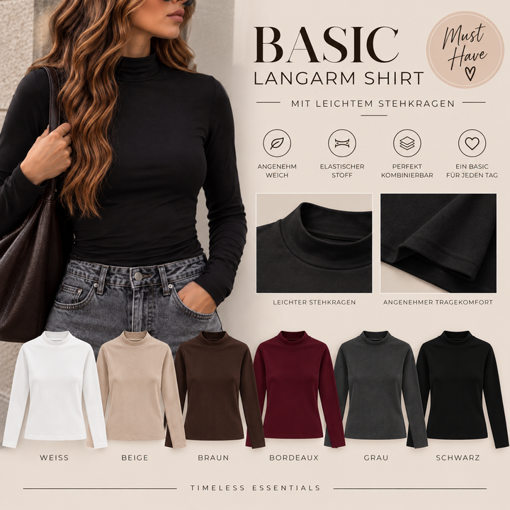 BASIC LANGARM SHIRT mit Stehkragen - versch. Farben