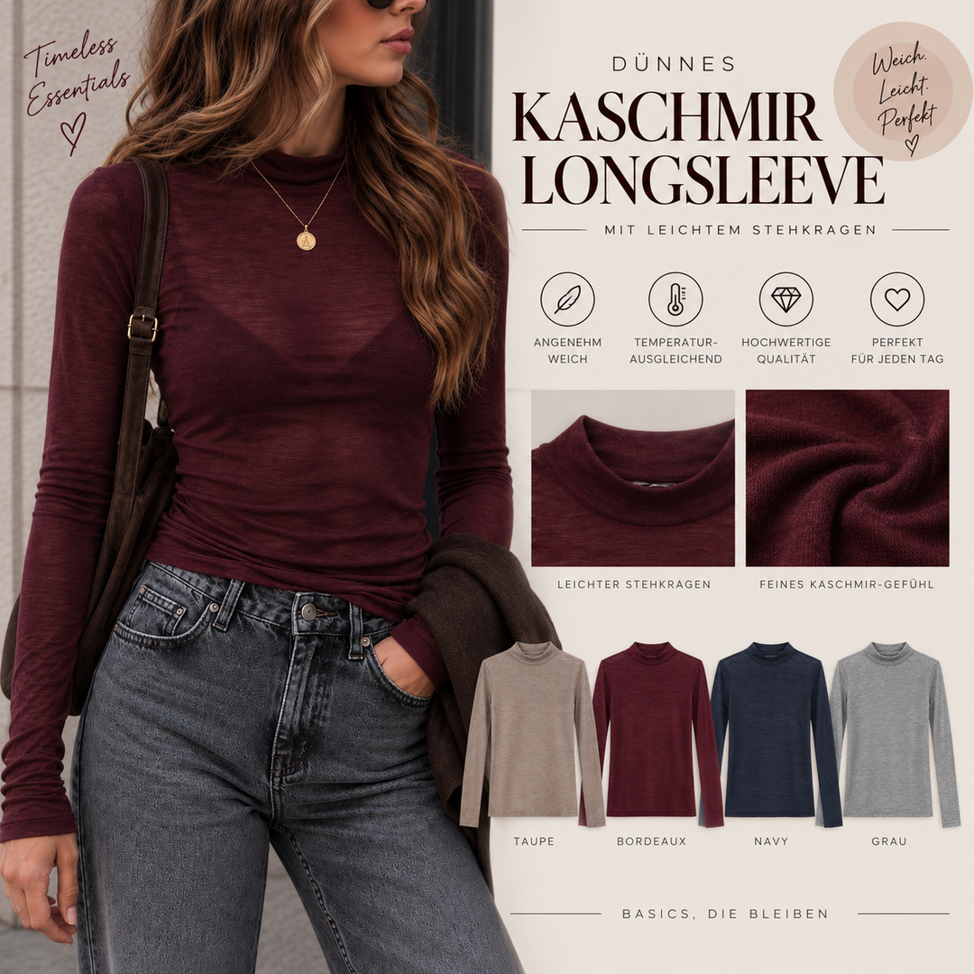 DÜNNES KASCHMIR LONGSLEEVE mit leichten Stehkragen - versch. Farben