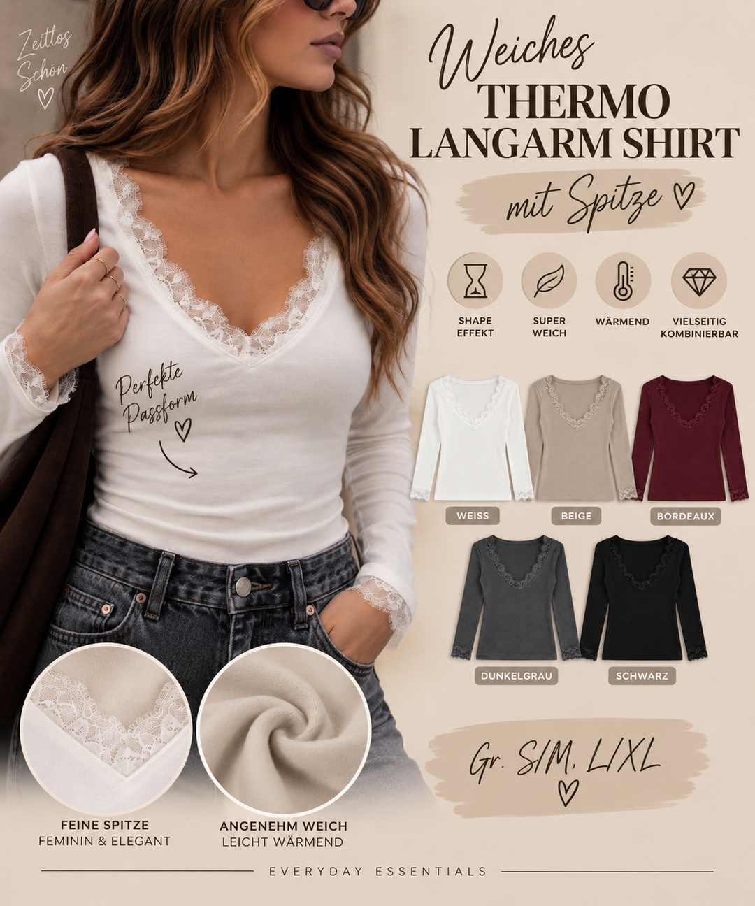 WEICHES THERMO LANGARM SHIRT mit Spitze - versch. Fraben