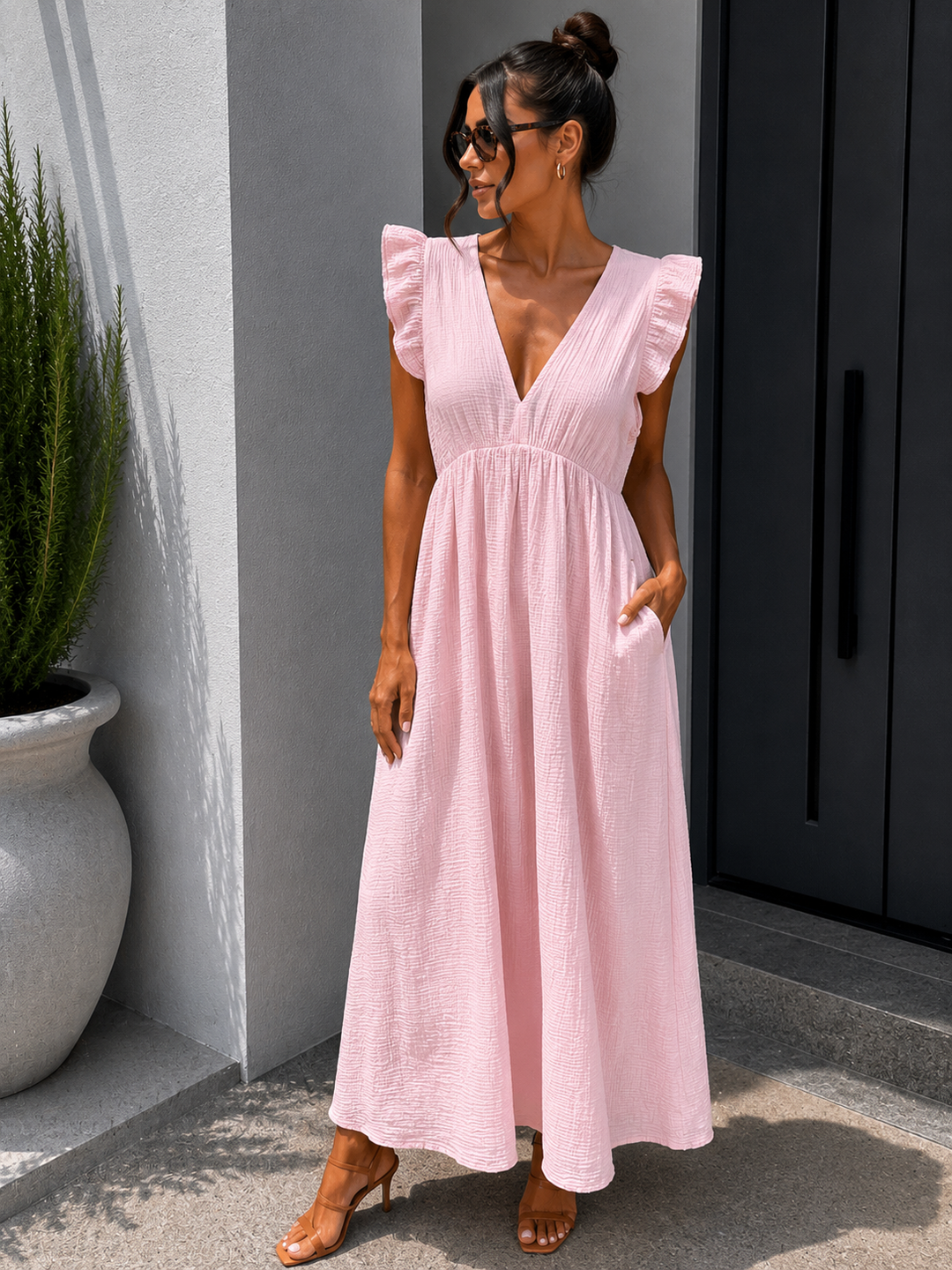 LANGES RÜSCHEN MUSSELIN KLEID TINA - versch. Farben