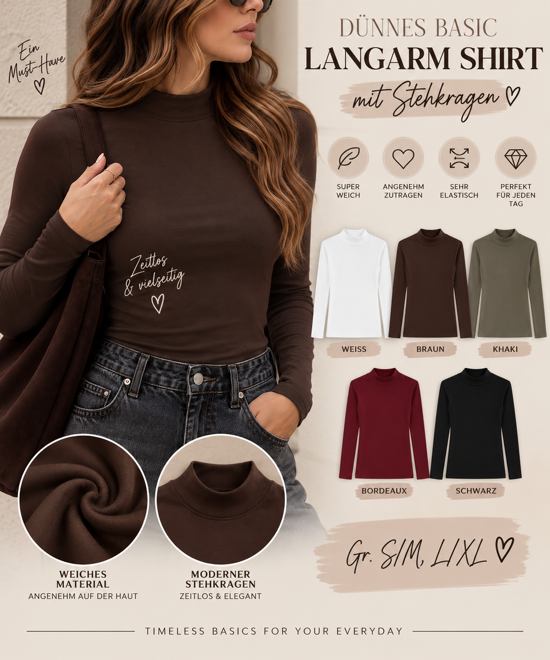 DÜNNES BASIC LANGARM SHIRT mit Stehkragen - versch. Farben
