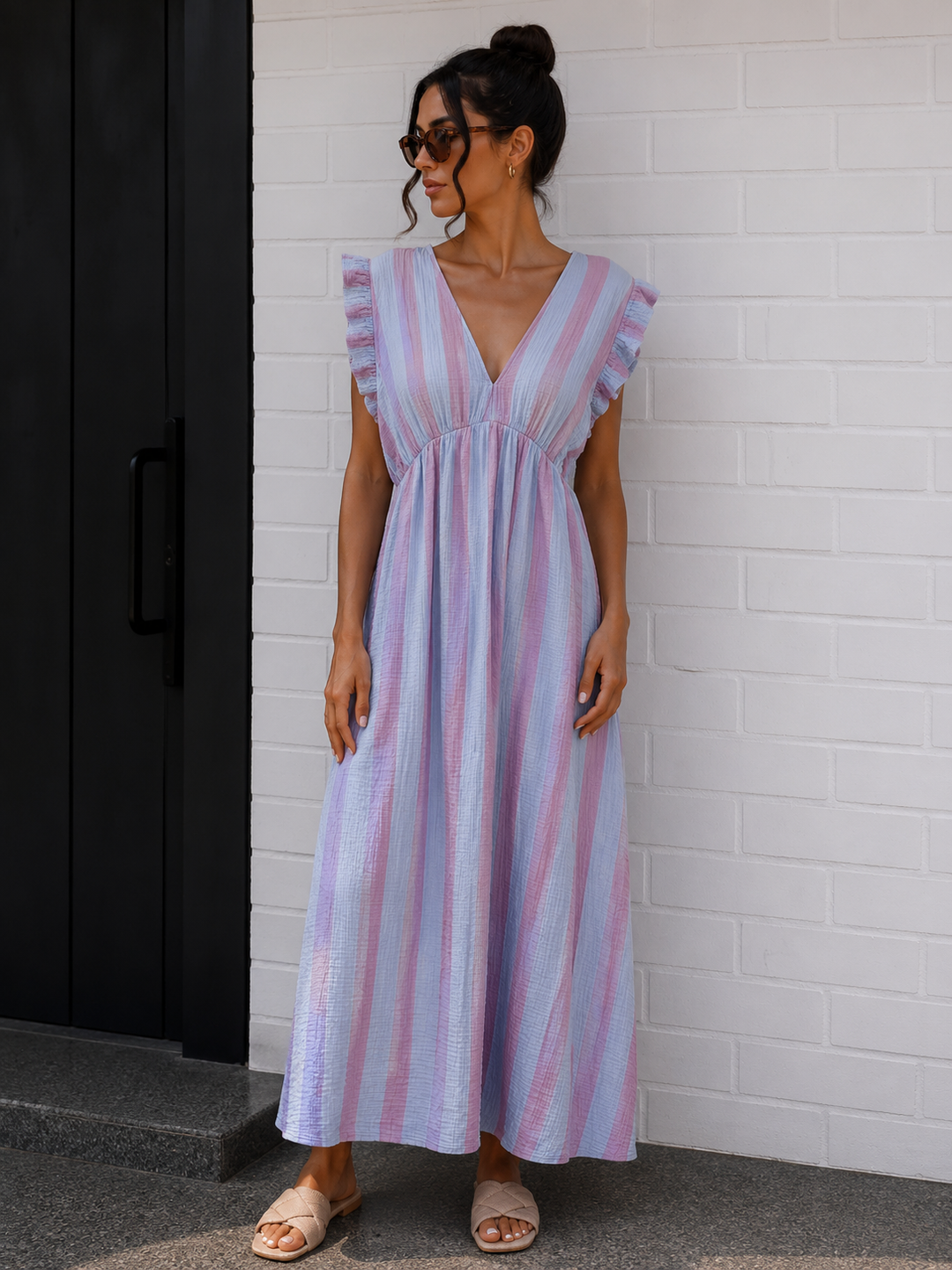LANGES MUSSELIN KLEID mit Streifen - versch. Farben