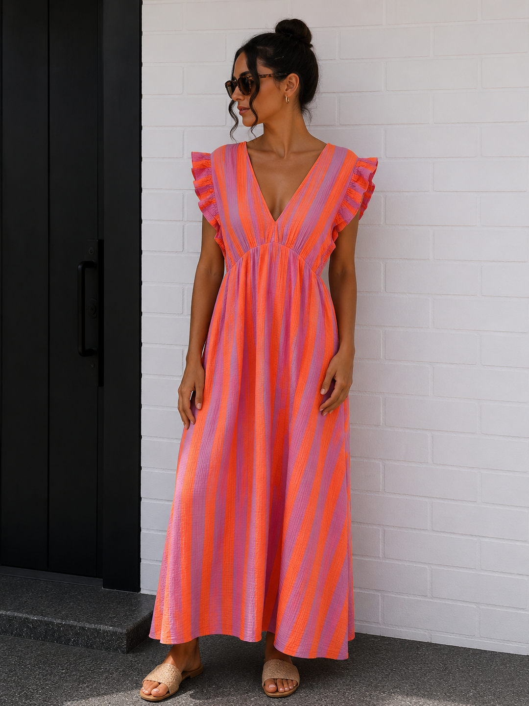 LANGES MUSSELIN KLEID mit Streifen - versch. Farben