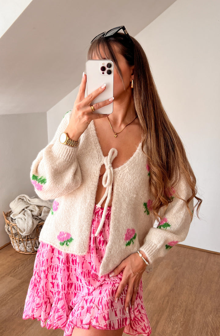 FLOWER SCHLEIFEN STRICKJACKE - beige (M4)