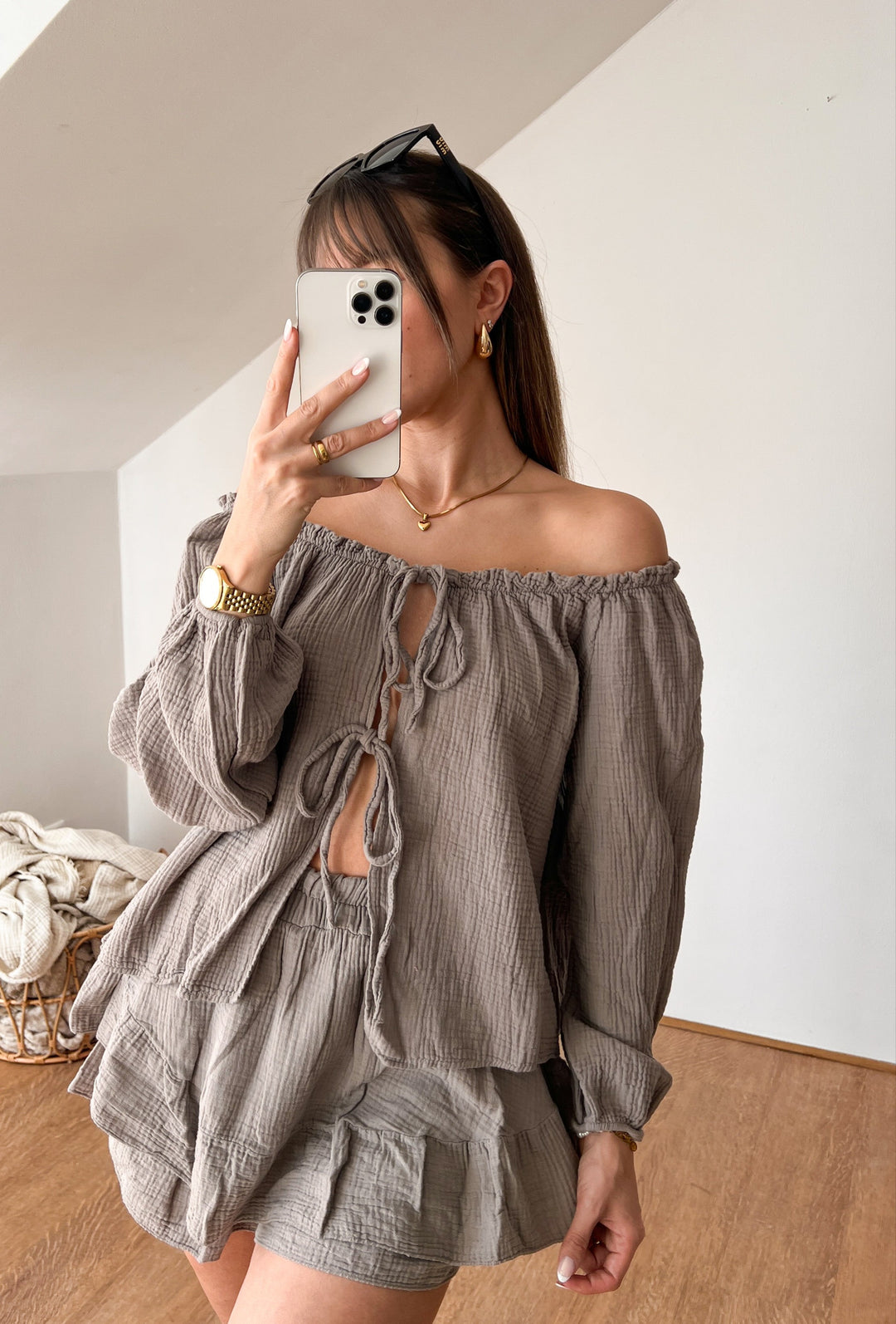 LANGARM SCHLEIFEN MUSSELIN BLUSE - taupe