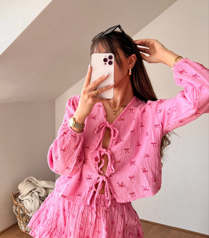 PINKY SCHLEIFEN MUSSELIN BLUSE - pink