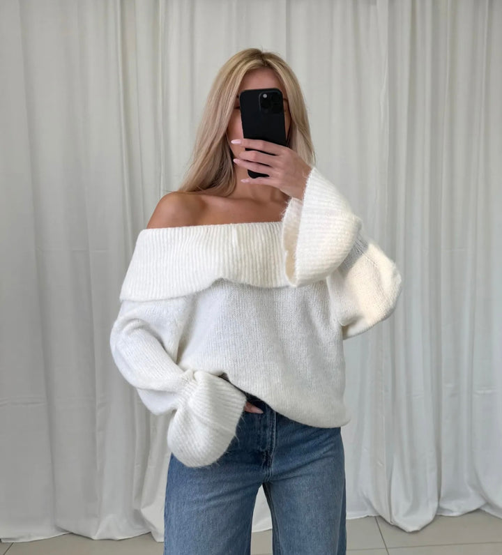 RÜSCHEN OFF SHOULDER STRICKPULLOVER - versch. Farben