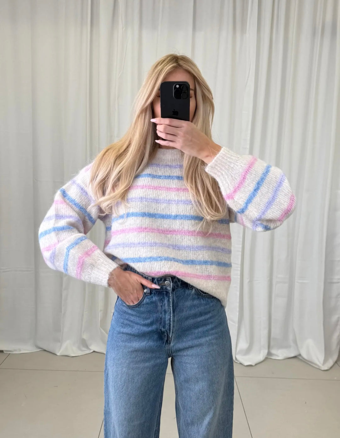 CREME STRIPE STRICKPULLOVER