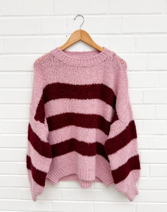 BLOCKSTREIFEN STRICKPULLOVER CARLA - rosa/bordeaux