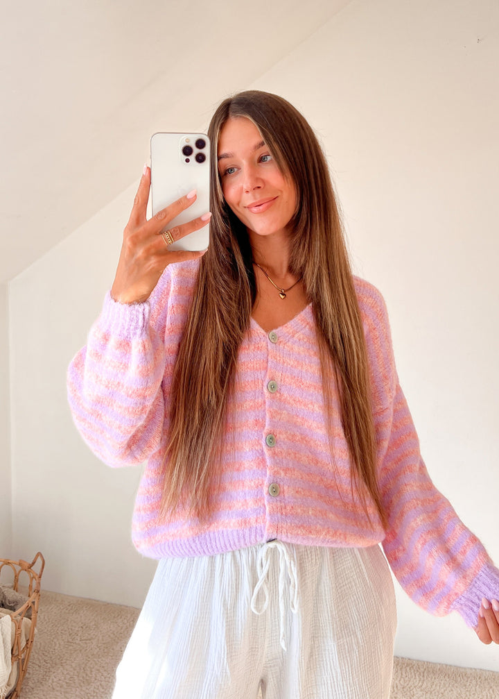 BASIC STREIFEN STRICKJACKE - Flieder/rosa