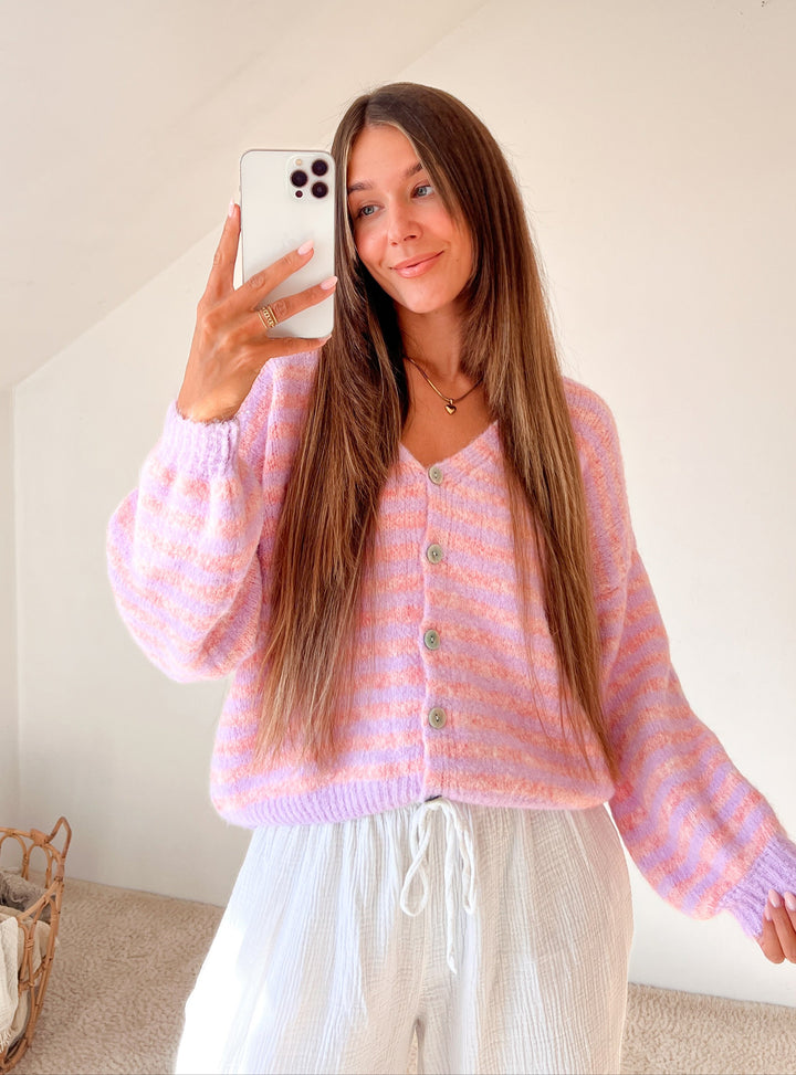 BASIC STREIFEN STRICKJACKE - Flieder/rosa