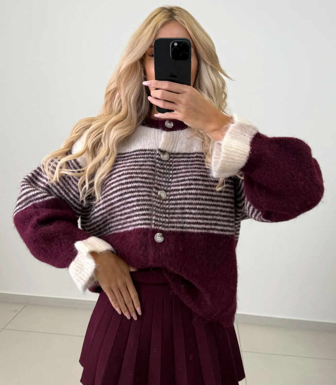 STRICKJACKE BEREY STRIPE - bordeaux