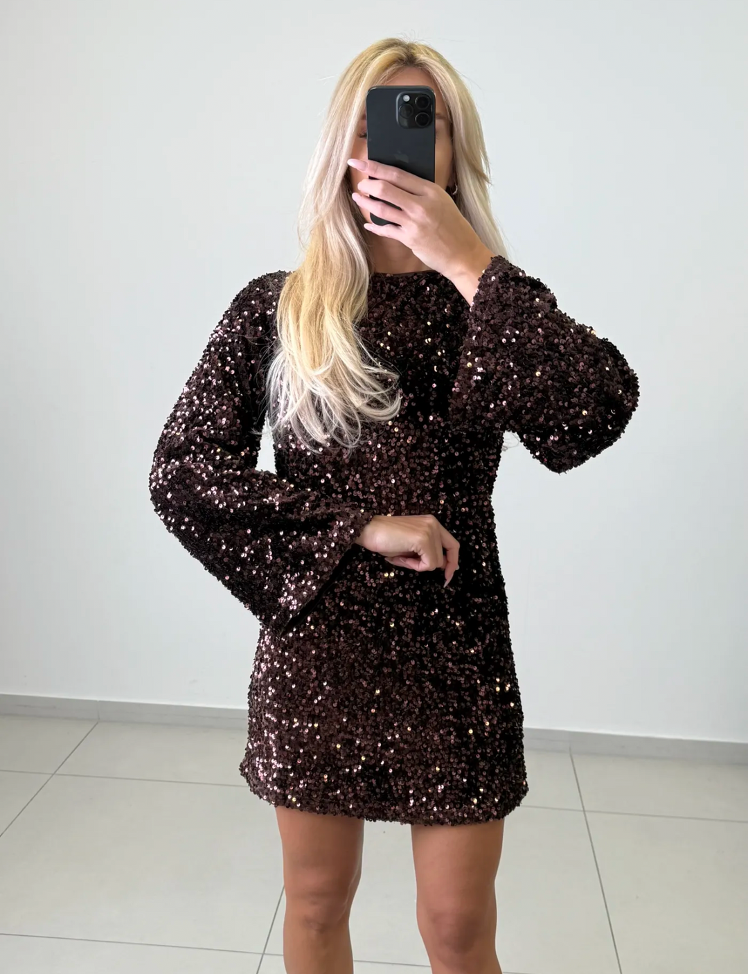 PAILLETTEN GLITZER KLEID - braun