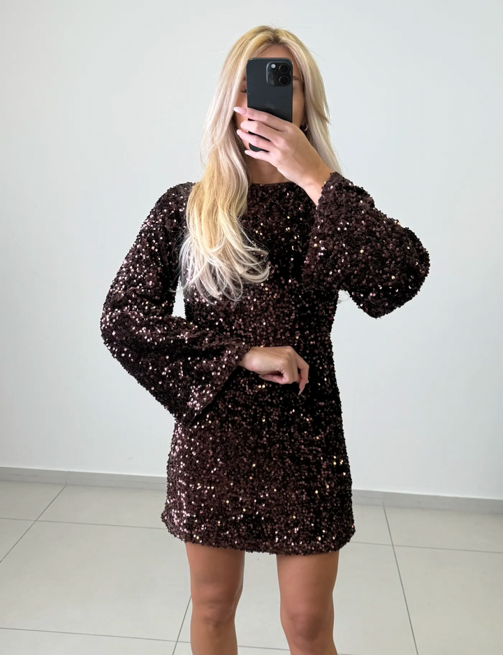 PAILLETTEN GLITZER KLEID - braun