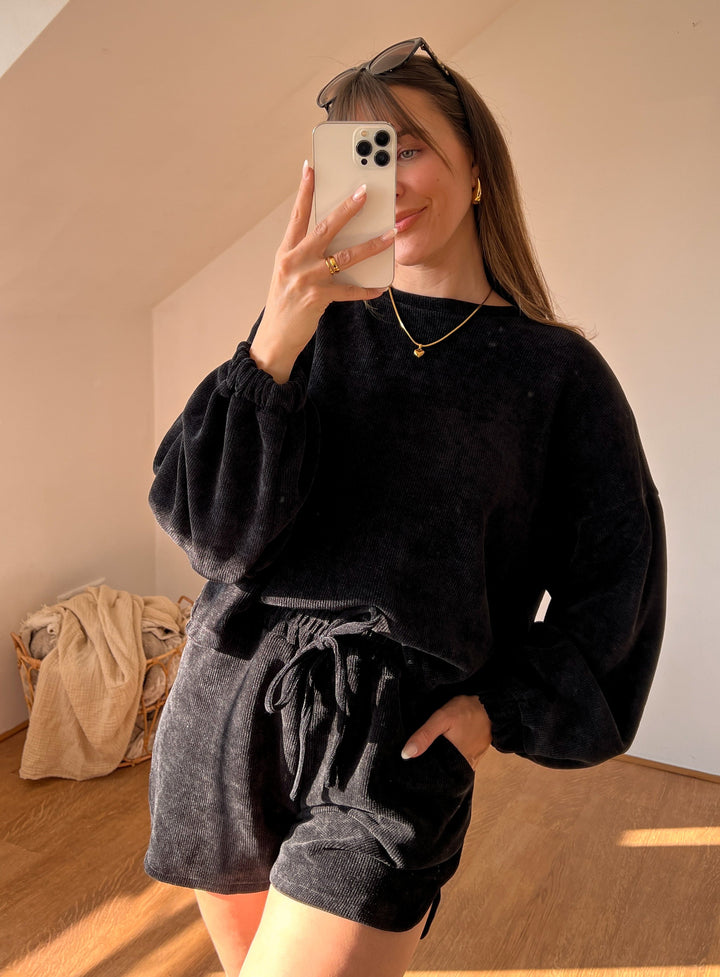2TEILER SWEATSHIRT MIT SHORTS - schwarz
