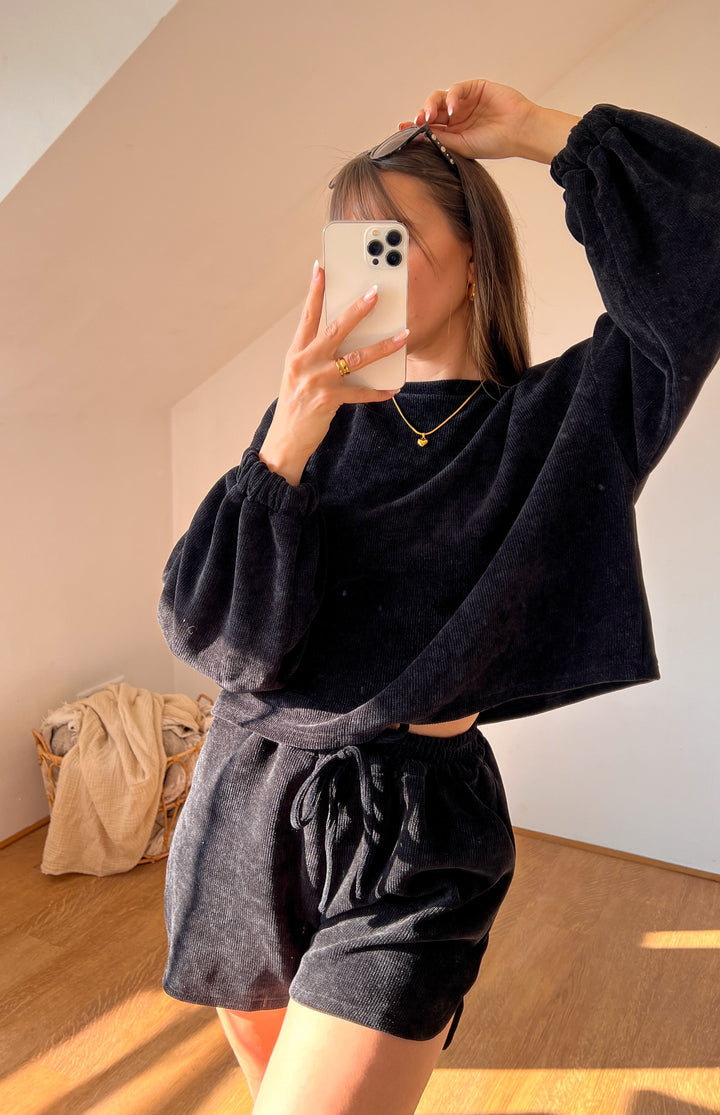 2TEILER SWEATSHIRT MIT SHORTS - schwarz