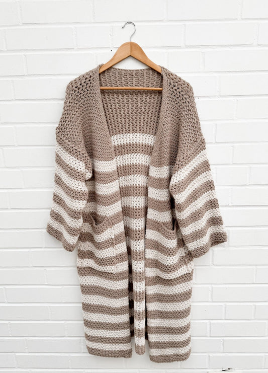 XXL STRIPE LONGCARDIGAN- taupe