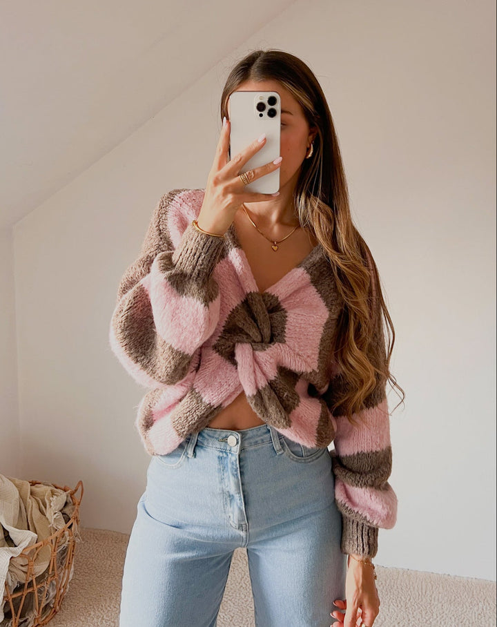 STREIFEN KNOTEN STRICKPULLOVER - rosa