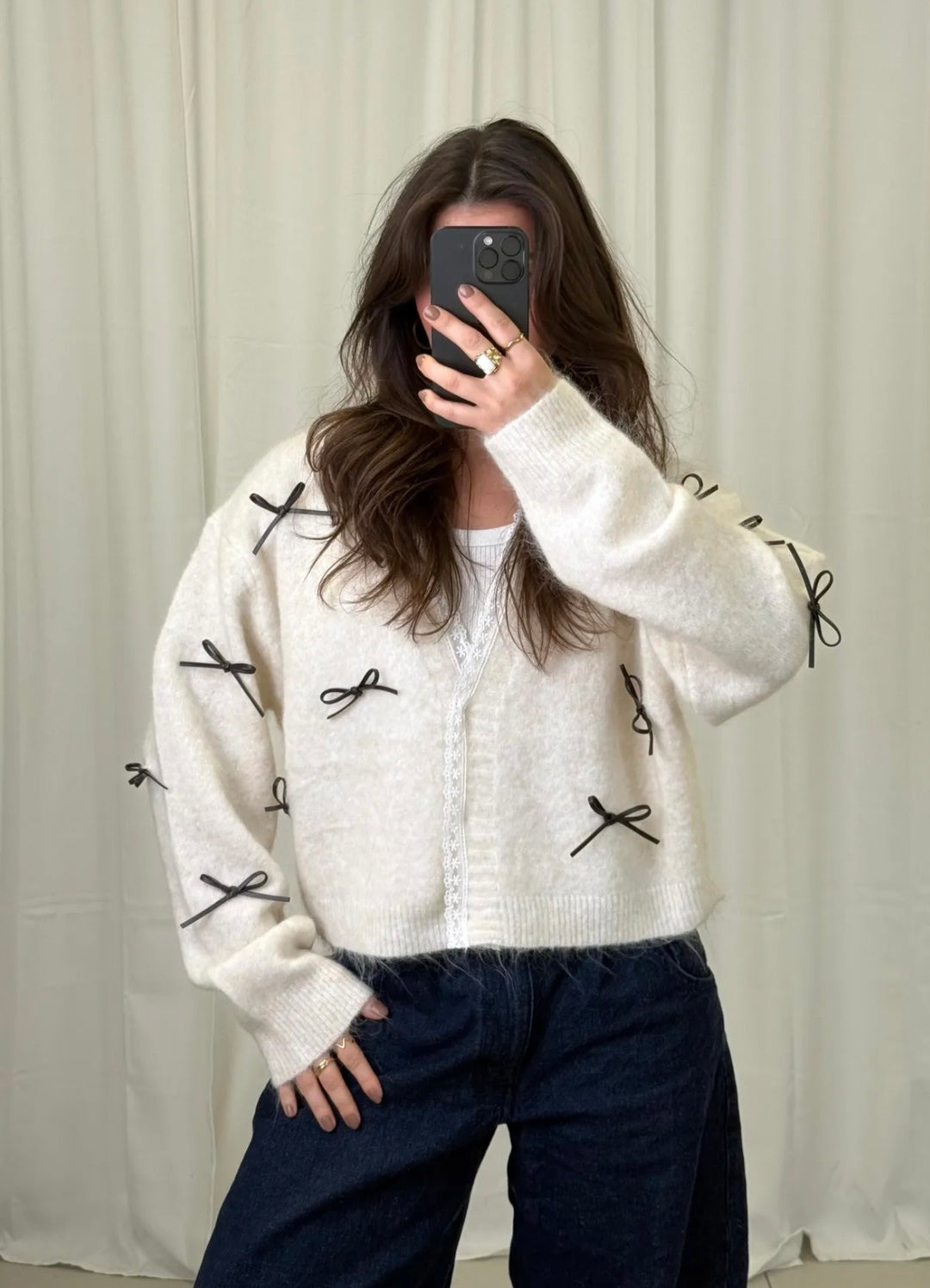 STRICKJACKE mit Leder Schleife - beige