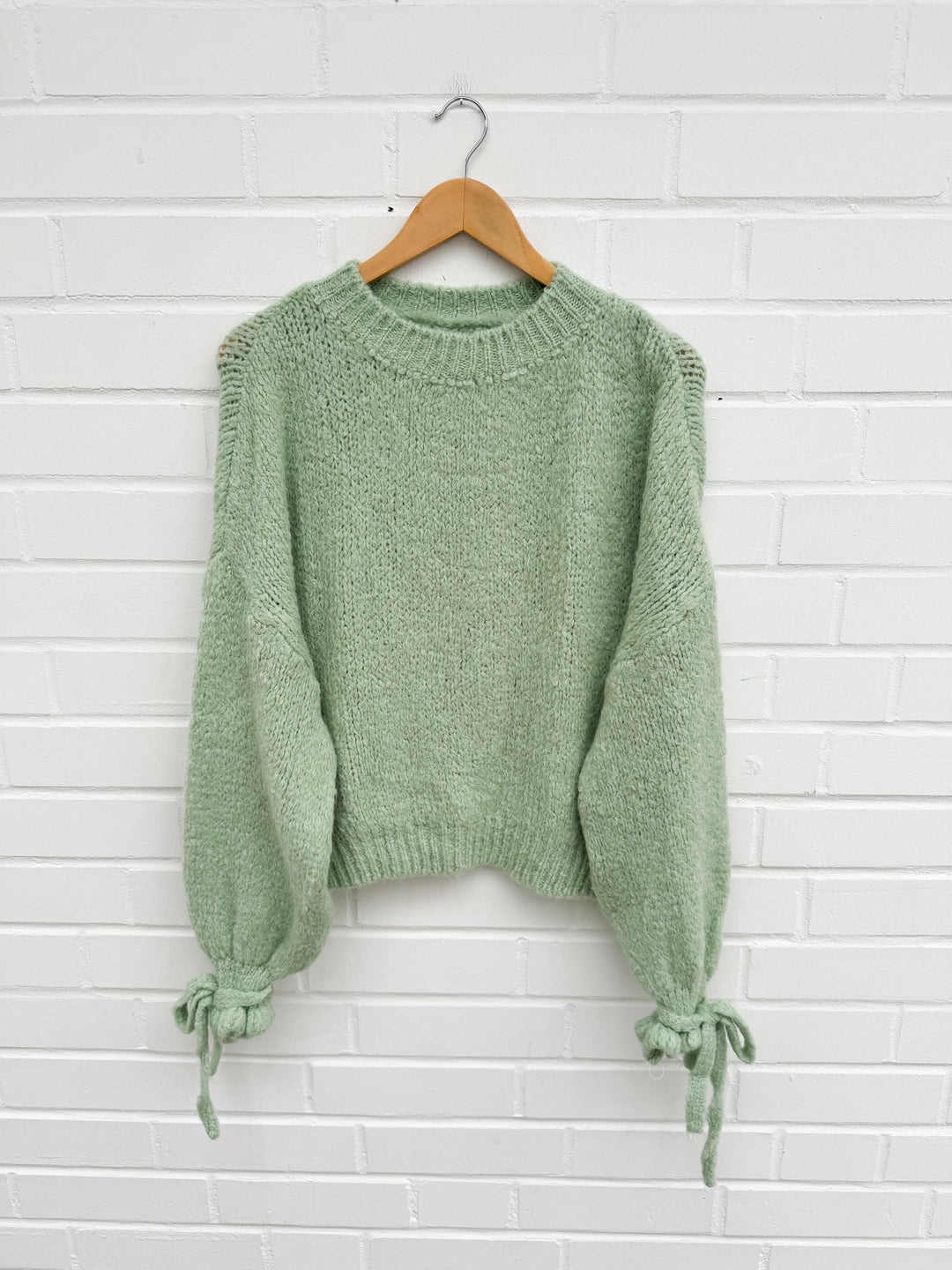 RÜSCHEN SCHLEIFEN STRICKPULLOVER - mint