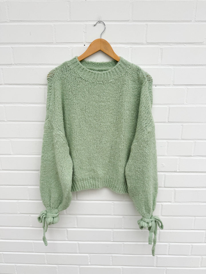 RÜSCHEN SCHLEIFEN STRICKPULLOVER - mint