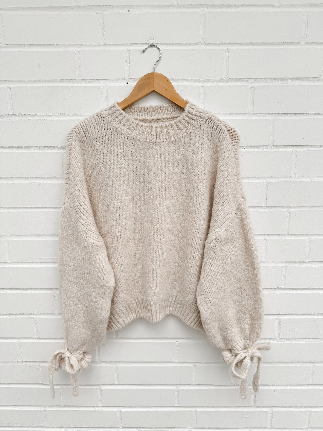 RÜSCHEN SCHLEIFEN STRICKPULLOVER - Beige (M1)