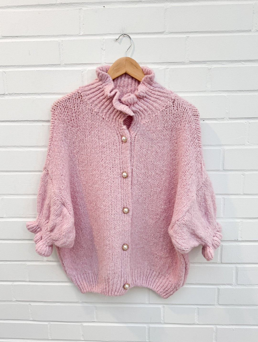 RÜSCHEN PEARL STRICKJACKE - rosa