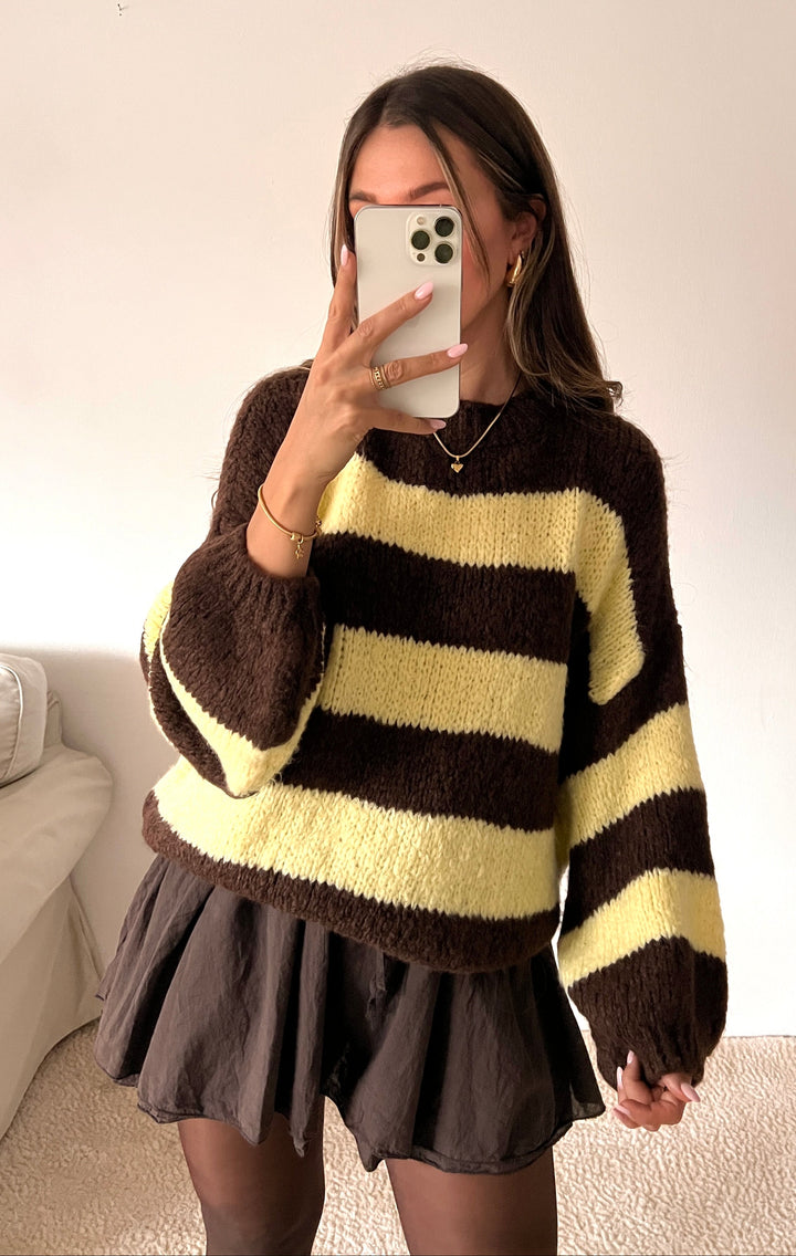 OVERSIZE STREIFEN STRICKPULLOVER - Gelb braun