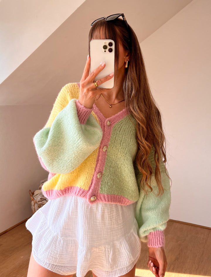 MULTICOLOR STRICKJACKE MAIRA -rosa gelb
