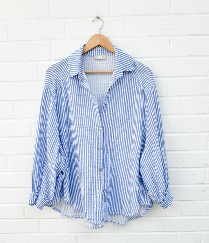 OVERSIZE STREIFEN MUSSELIN BLUSE - blau