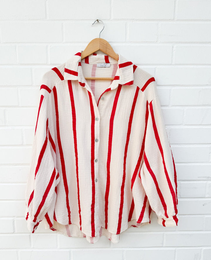 MUSSELIN STREIFEN BLUSE - rot/beige
