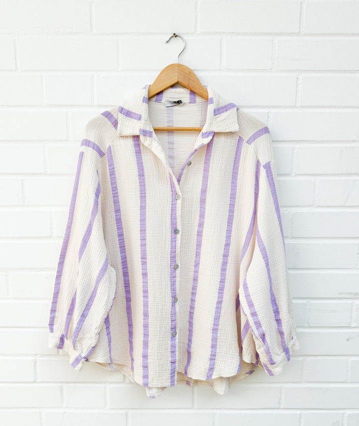 MUSSELIN STREIFEN BLUSE - flieder/beige