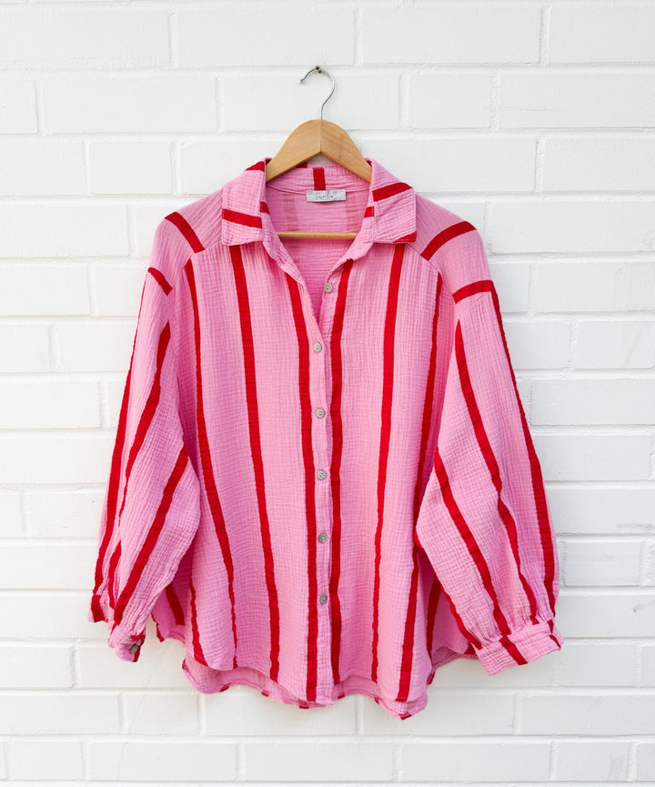 MUSSELIN STREIFEN BLUSE - pink/rot