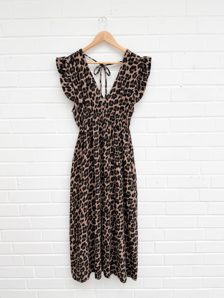 LEO RÜSCHEN MUSSELIN KLEID - braun
