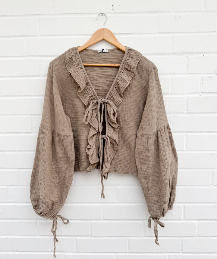 MUSSELIN CUTIE SCHLEIFEN BLUSE - schlamm