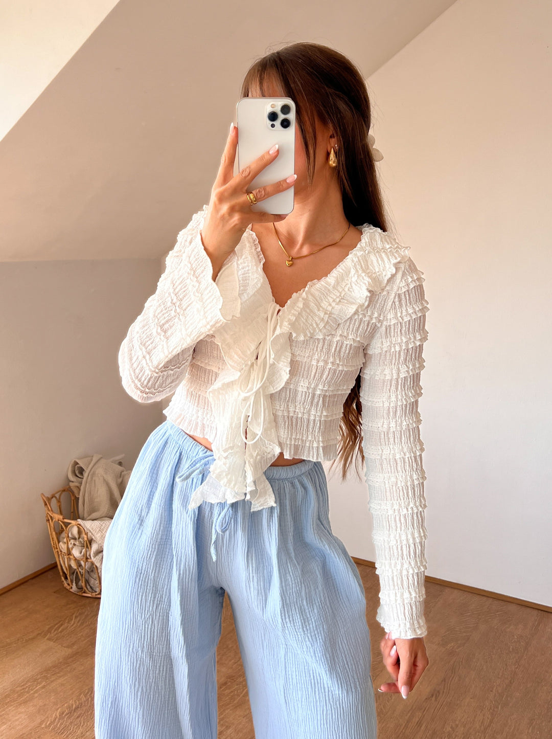 WHITE LANGARM RÜSCHEN TOP - weiß